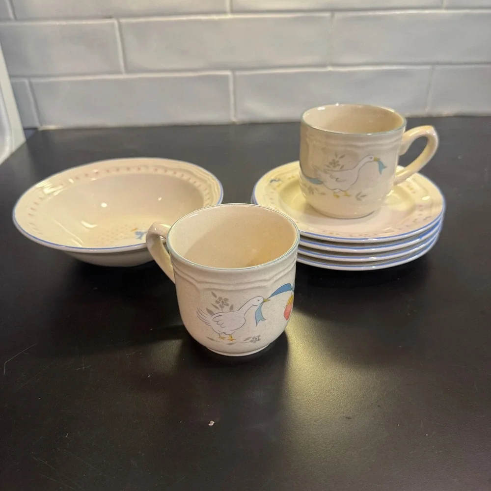 International China Stoneware Set 7pc Cream Country Geese Blue Bow Farmhouse